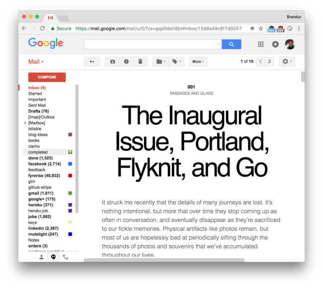 The first issue of Passages & Glass successfully rendering in Google Mail (after considerable pain).