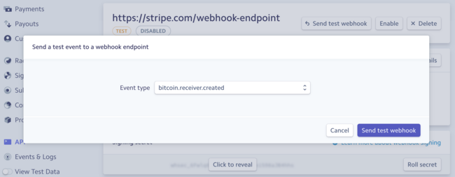 Sending a test webhook in Stripe's dashboard.