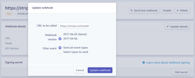 Upgrading the API version sent to a webhook endpoint in Stripe's dashboard.